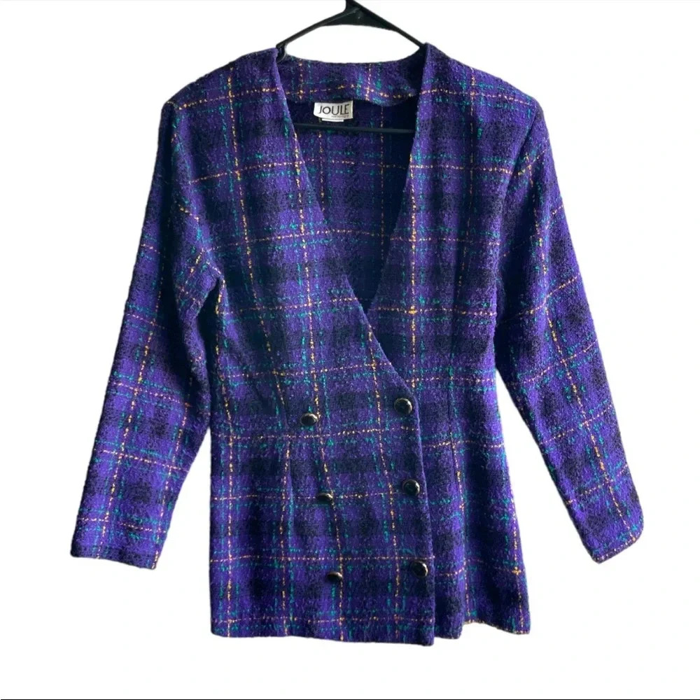 Vintage 90s Women’s Joule Purple Plaid Tweed Blazer V Neck Medium Preppy Chic